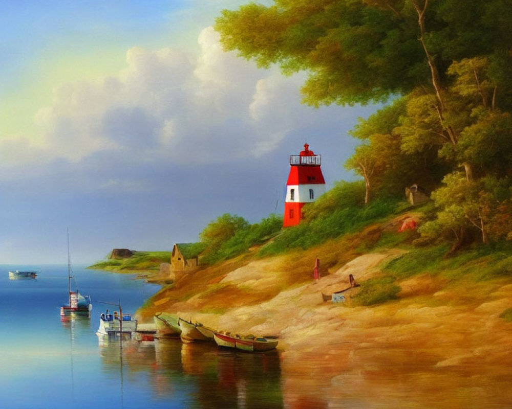 Tranquil riverside view with red-roofed lighthouse, moored boats, and lush