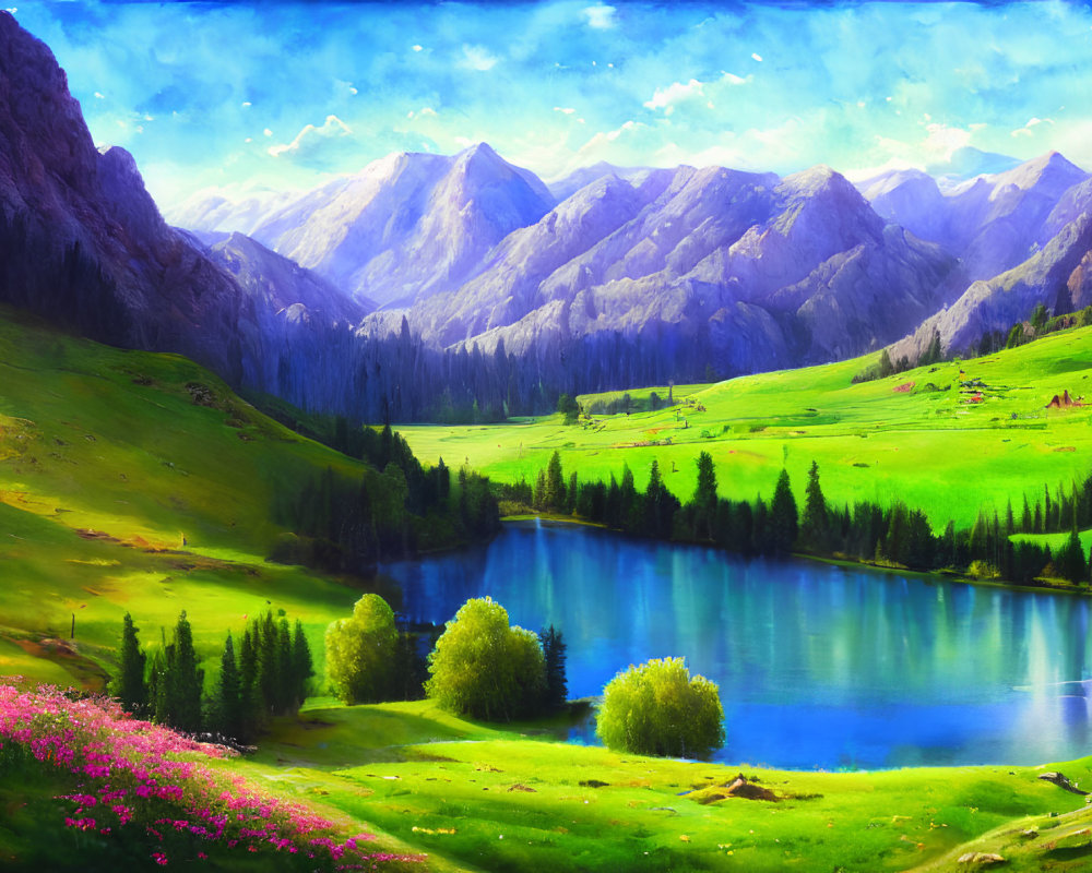Colorful Animated Landscape: Blue Lake, Green Meadows, Mountains