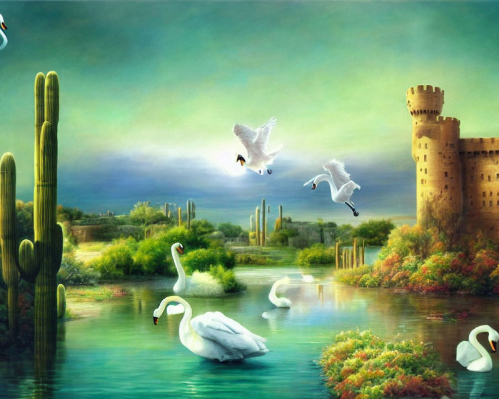 Swans Flying and Cacti in Surreal Landscape with Castle and Cloudy Sky