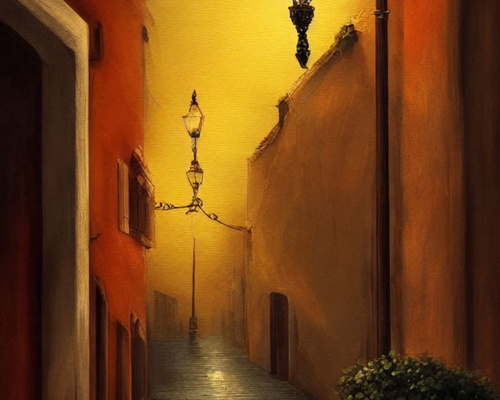 Cobblestone alley with warm street lamp lighting and hanging plants at twilight