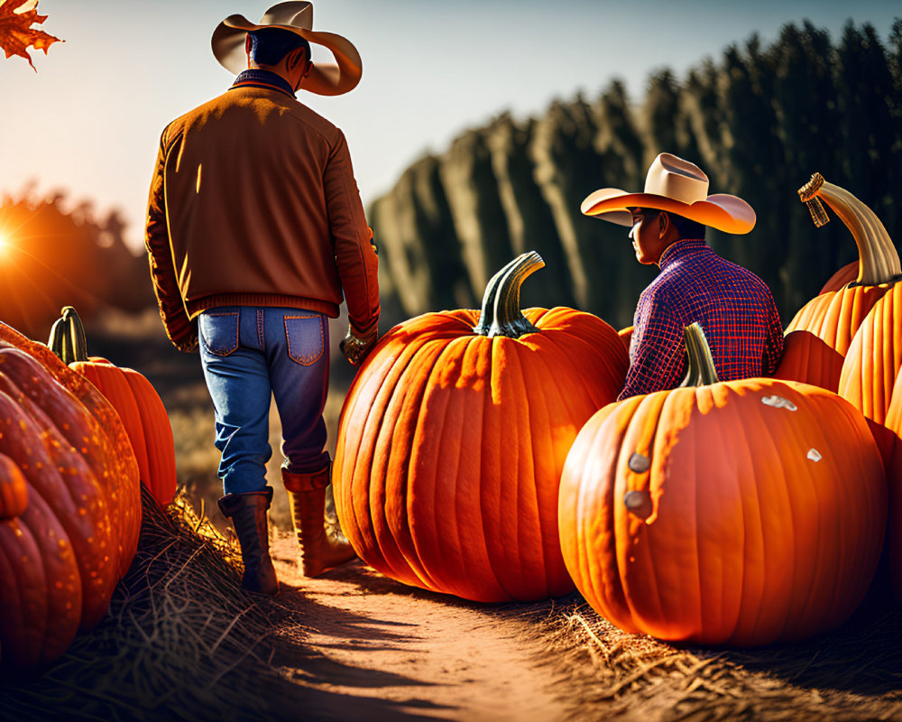 Cowboy-hat-wearing duo among pumpkins at sunset in rustic setting