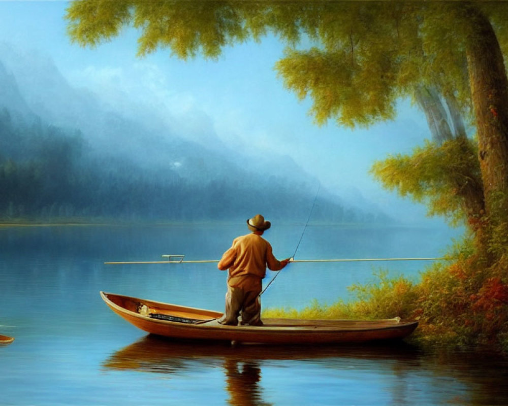 Person fishing in small boat on calm lake with misty mountains, lush greenery.