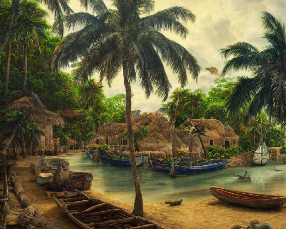 Tranquil Tropical Beach Scene with Huts, Palm Trees, and Boats