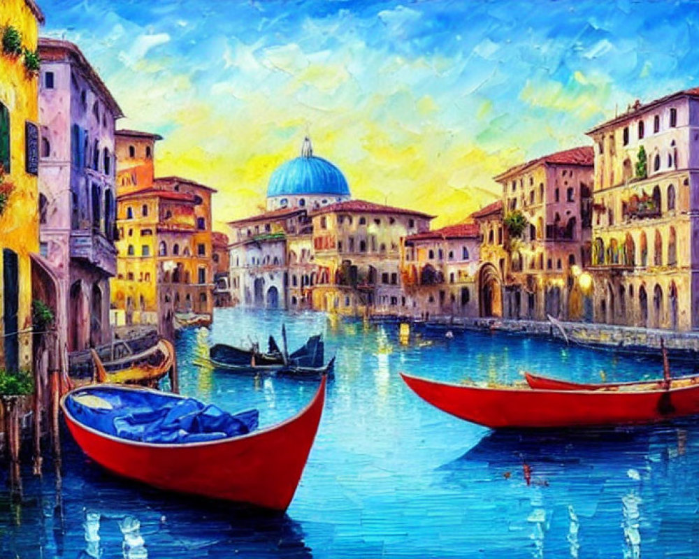 Vibrant painting of Venetian canal at sunset