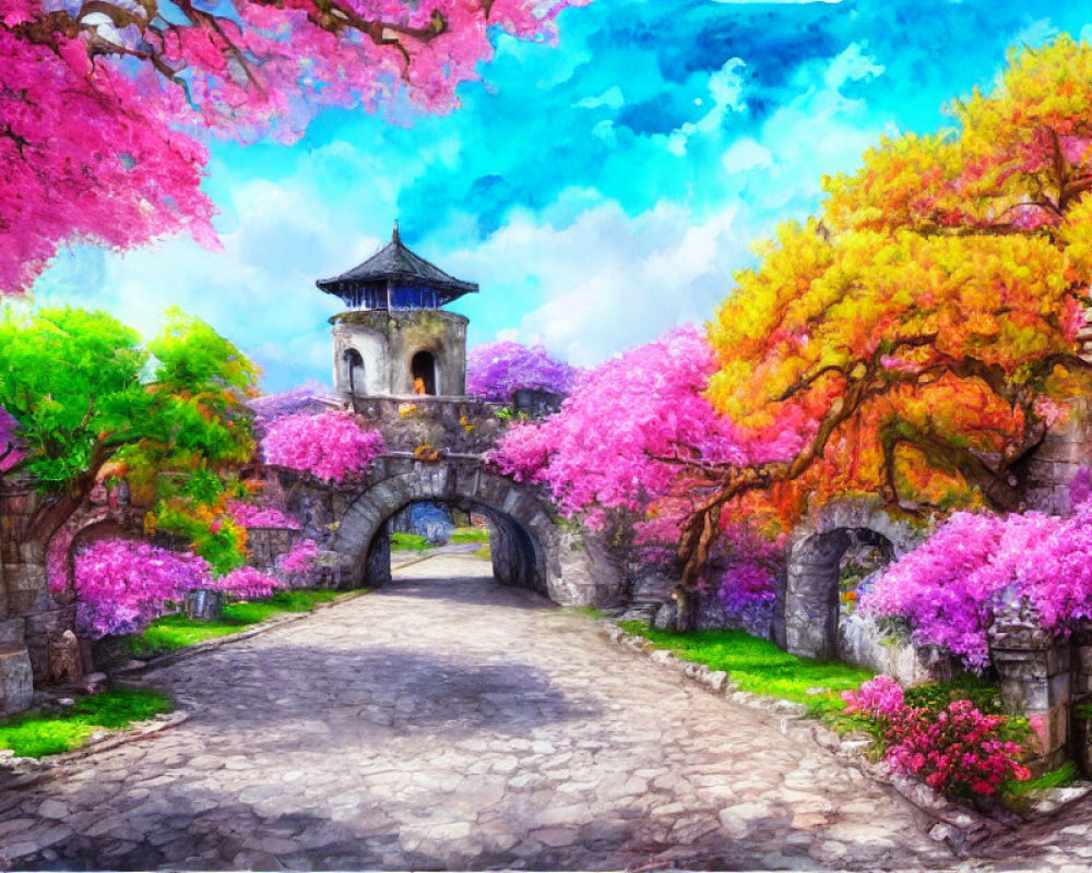 Colorful Illustration of Serene Path with Stone Arch and Blossoming Trees