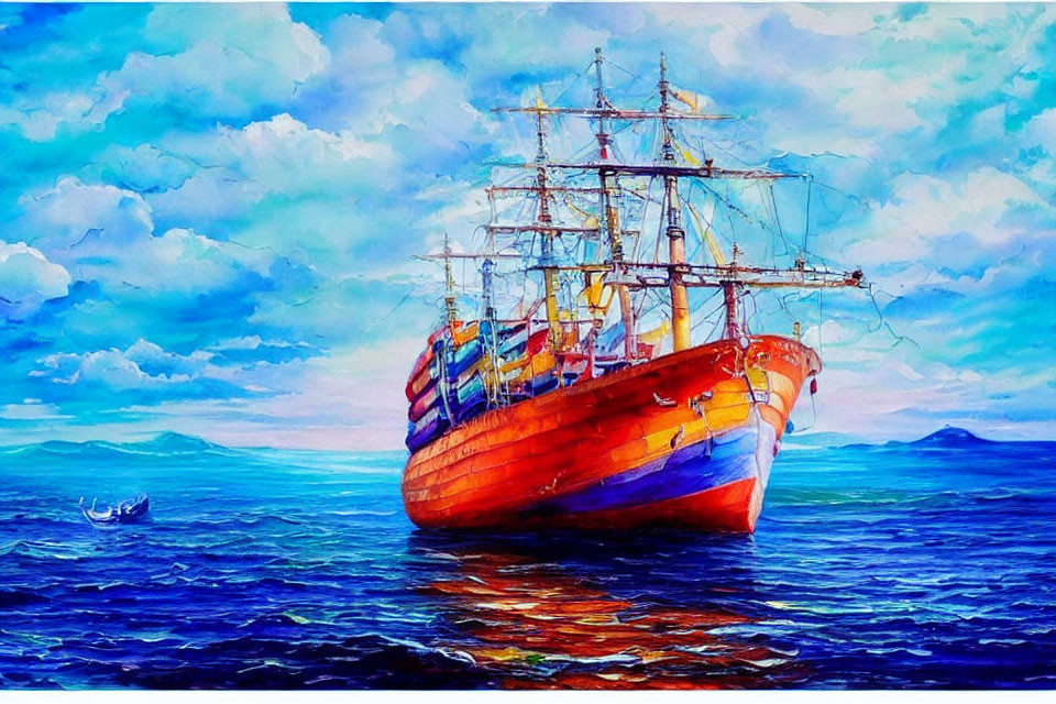 Vibrant tall ship painting on blue sea with mountains horizon