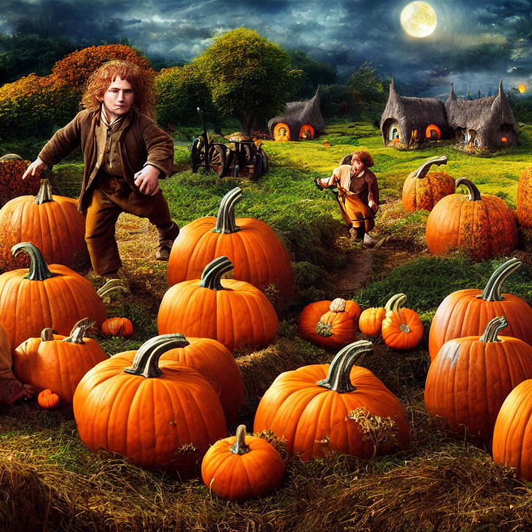 Curly-haired individuals in pumpkin patch with cottages under full moon