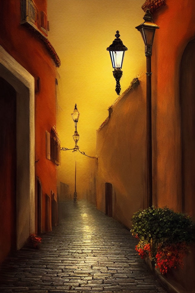 Cobblestone alley with warm street lamp lighting and hanging plants at twilight