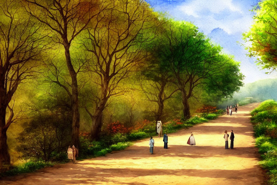 Tranquil park scene with people walking and chatting among lush greenery
