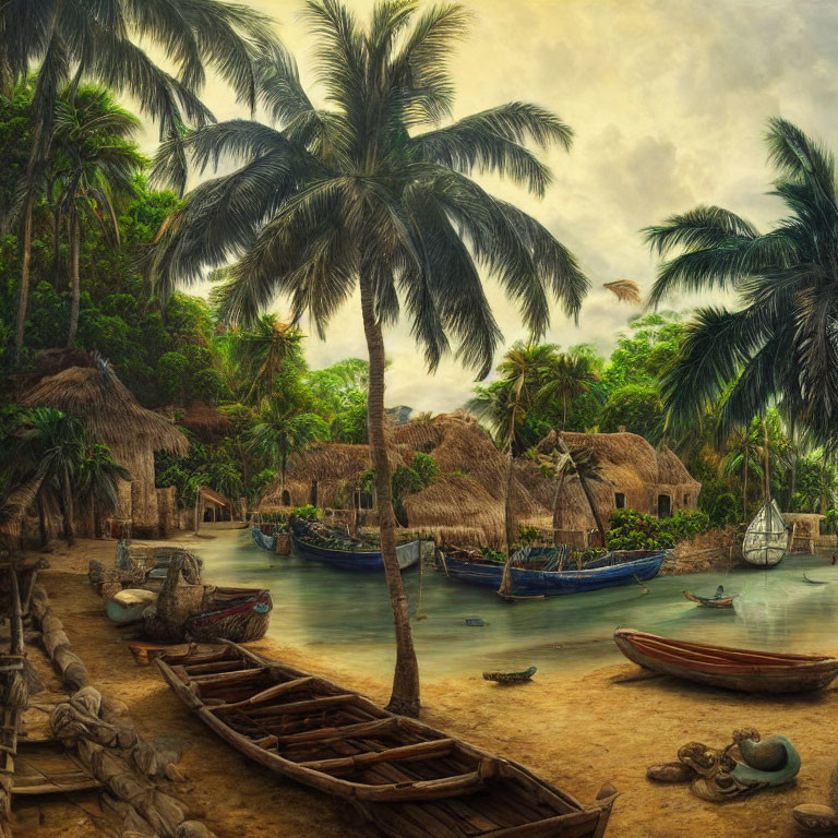 Tranquil Tropical Beach Scene with Huts, Palm Trees, and Boats