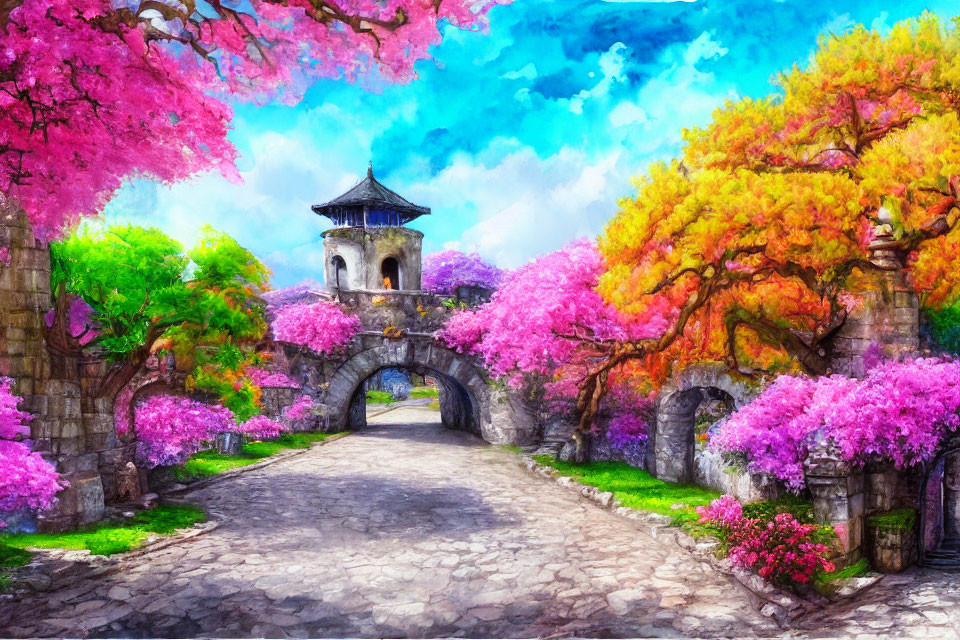 Colorful Illustration of Serene Path with Stone Arch and Blossoming Trees