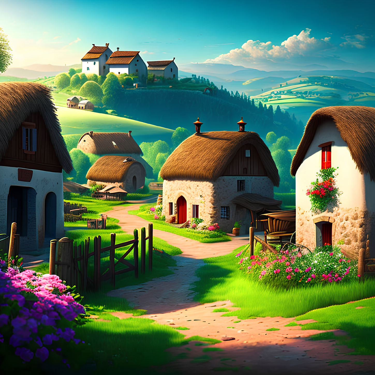 Tranquil rural scene with thatched cottages, blooming flowers, winding path, and distant