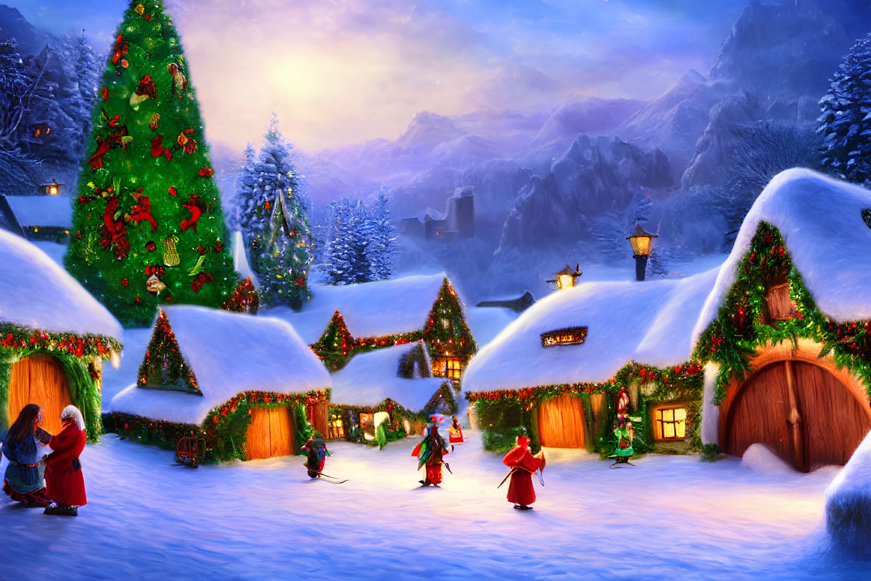 Snow-covered village with Christmas decorations and Victorian attire at dusk