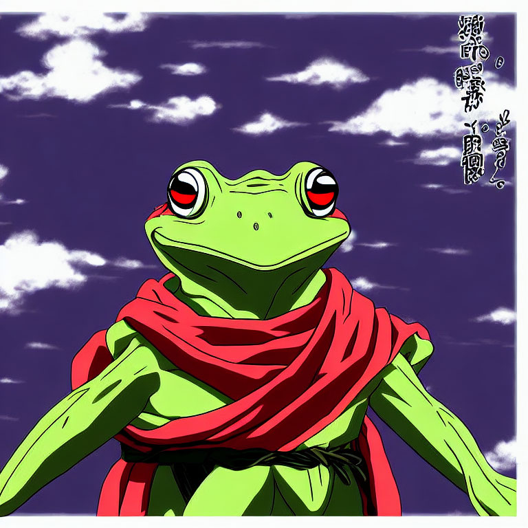 Stylized green frog with red eyes and scarf in purple sky with Japanese characters.