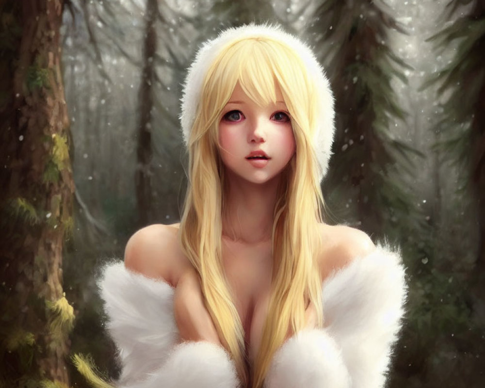 Blonde woman in fur coat and hat in misty forest landscape