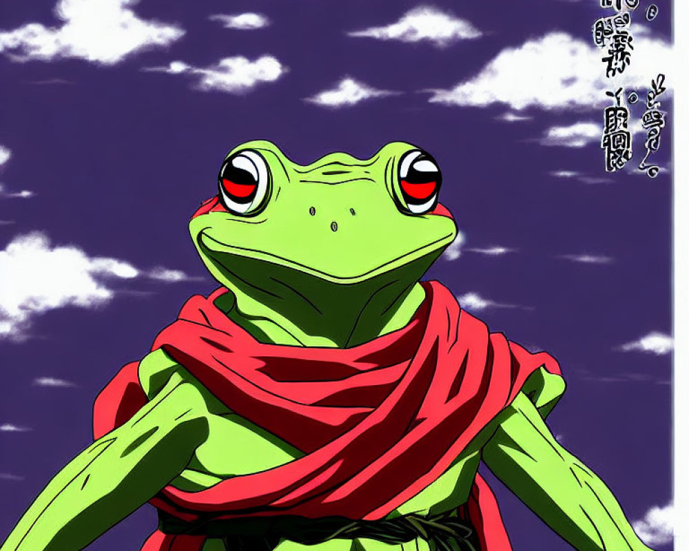 Stylized green frog with red eyes and scarf in purple sky with Japanese characters.