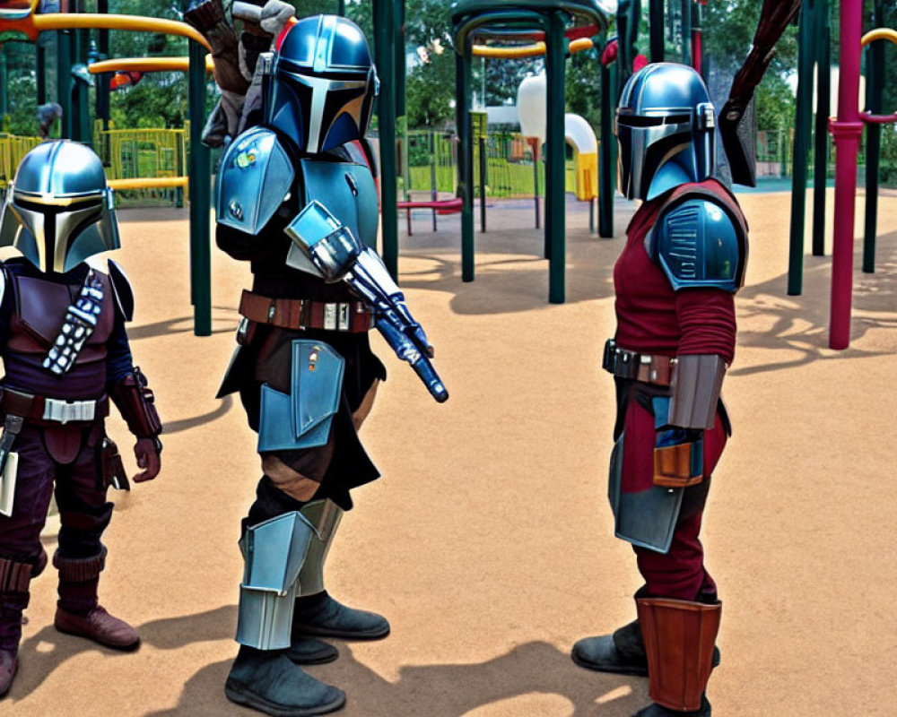 Two Mandalorian-armored figures in a vibrant playground setting.