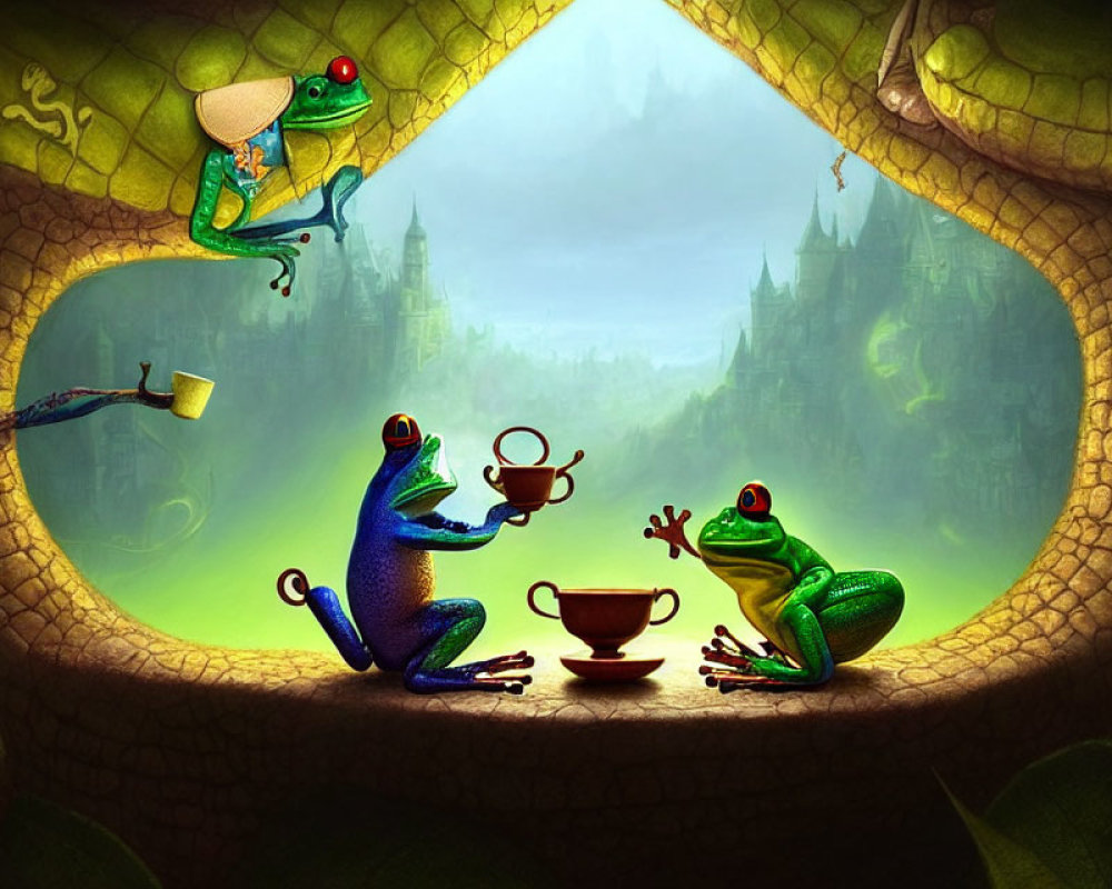 Colorful Frogs Tea Party on Fantasy Tree Branch with Castle Landscape