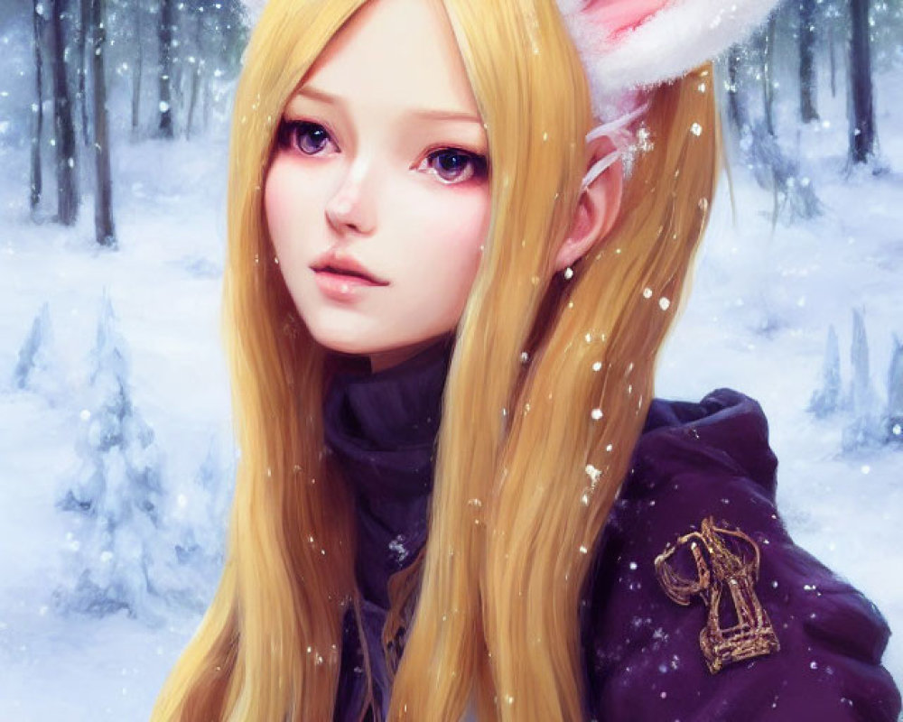 Digital artwork: Person with rabbit ears and blonde hair in purple jacket, snowy forest.