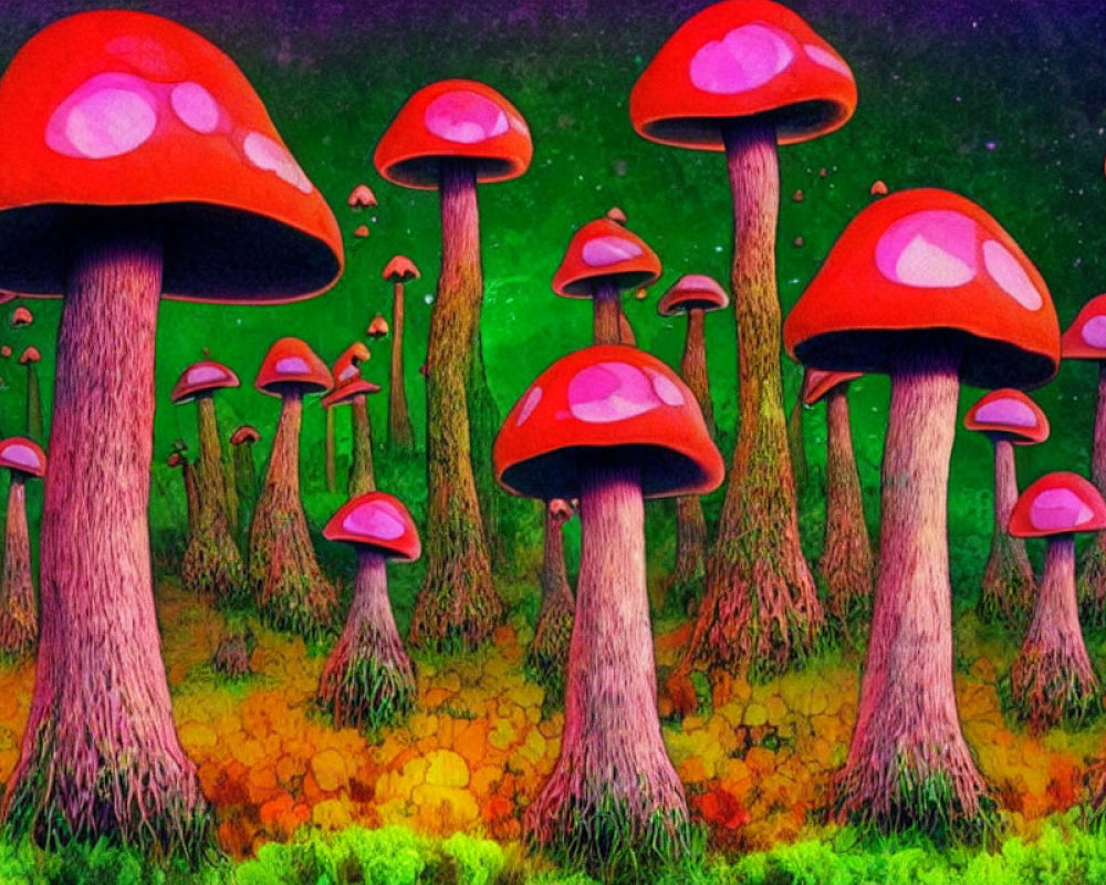 Colorful Fantasy Forest with Oversized Mushrooms and Lush Greenery