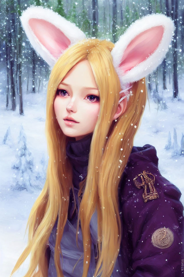Digital artwork: Person with rabbit ears and blonde hair in purple jacket, snowy forest.