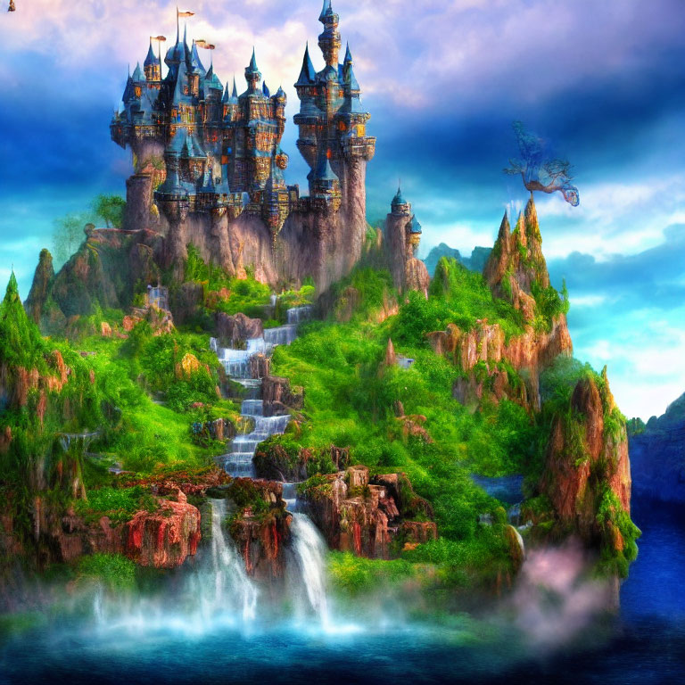 Fantastical castle on lush cliffs with waterfalls and dragon in the distance