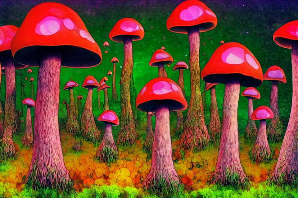 Colorful Fantasy Forest with Oversized Mushrooms and Lush Greenery