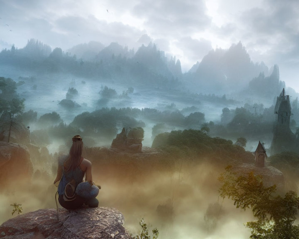 Person with hat sitting on rock overlooking foggy valley with trees, ruins, mountains.