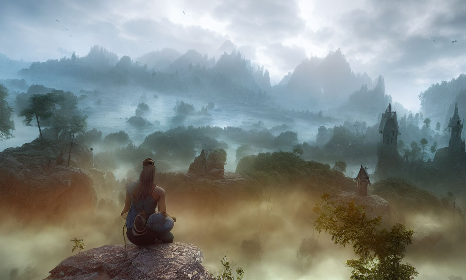 Person with hat sitting on rock overlooking foggy valley with trees, ruins, mountains.