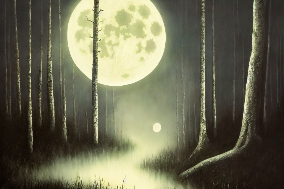 Enchanting moonlit forest with fog, towering trees, full moon