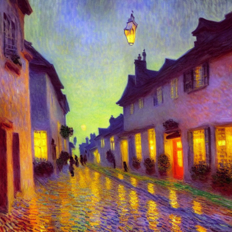 Impressionist-style painting of quaint street at dusk