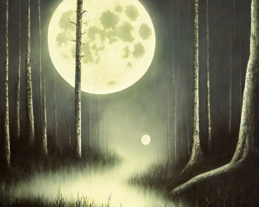Enchanting moonlit forest with fog, towering trees, full moon