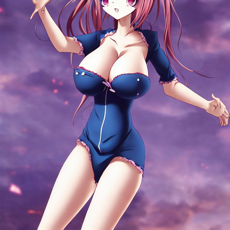 Pink-haired character in blue swimsuit against purple sky.