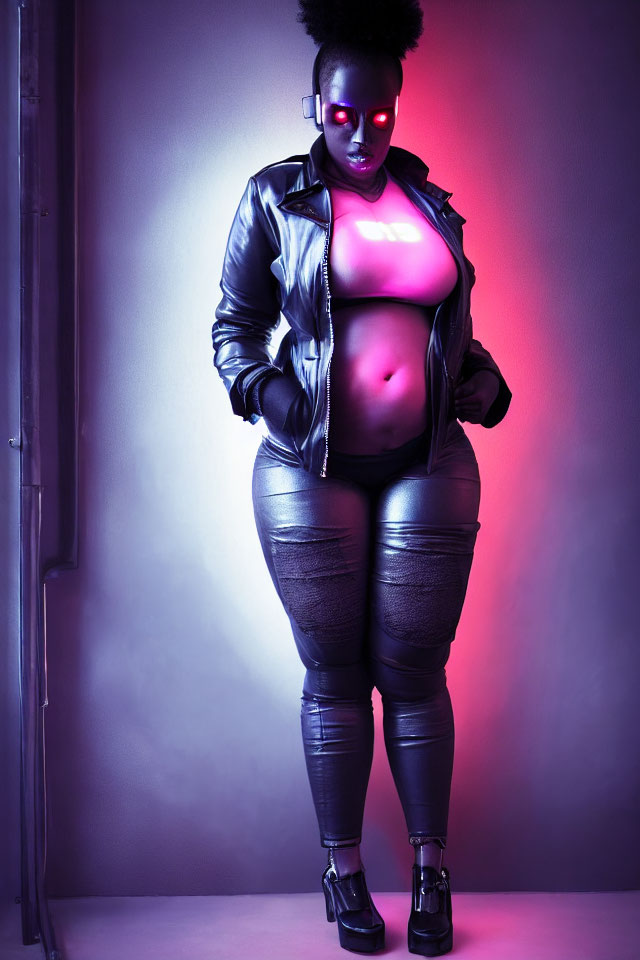 Neon makeup woman in leather jacket and metallic leggings