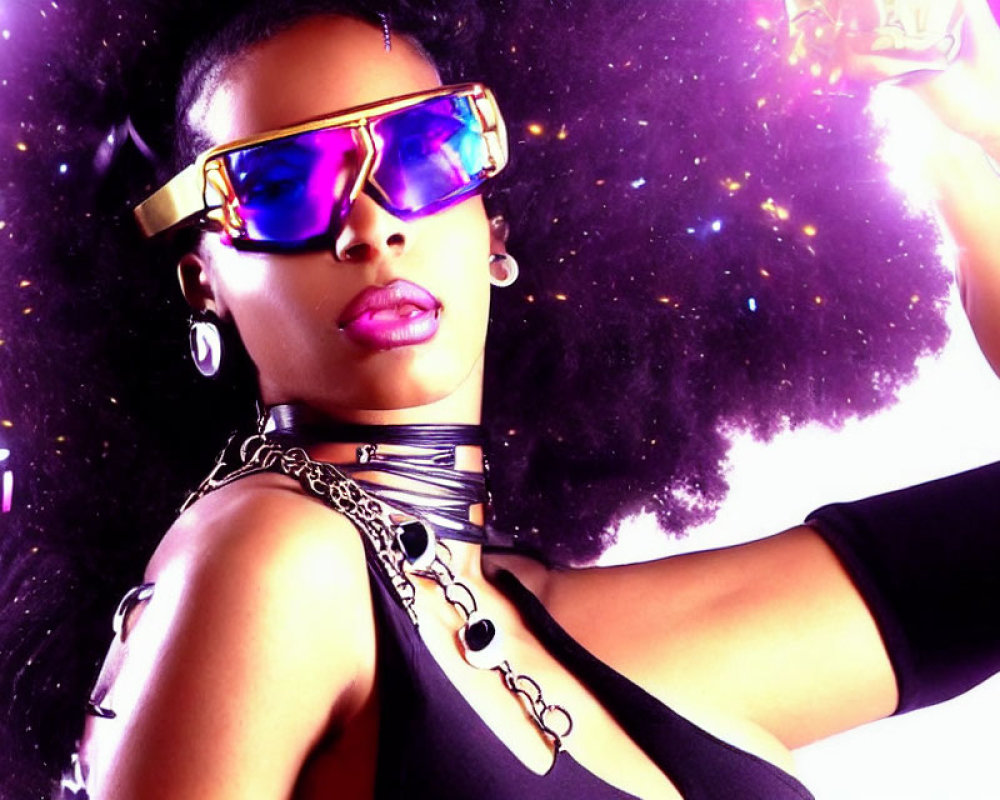 Stylish woman with afro and sunglasses on vibrant purple background