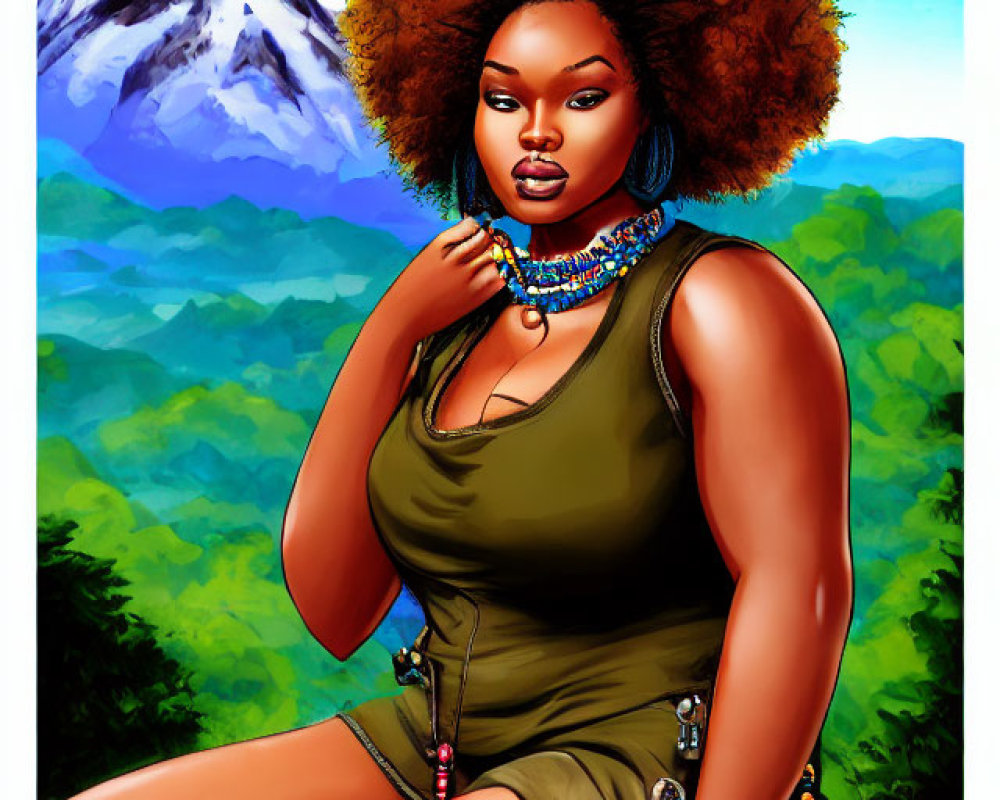 Colorful illustration: Confident woman with afro in green outfit on log, mountain backdrop