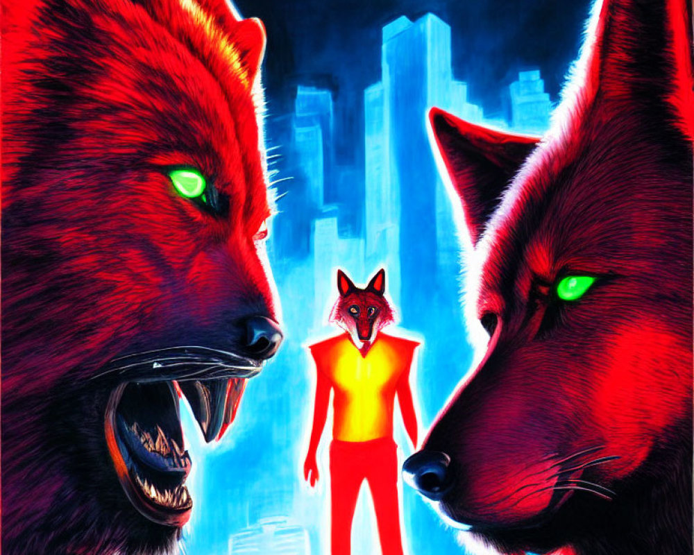 Person in Red Fox Costume with Two Snarling Wolves in Night Cityscape