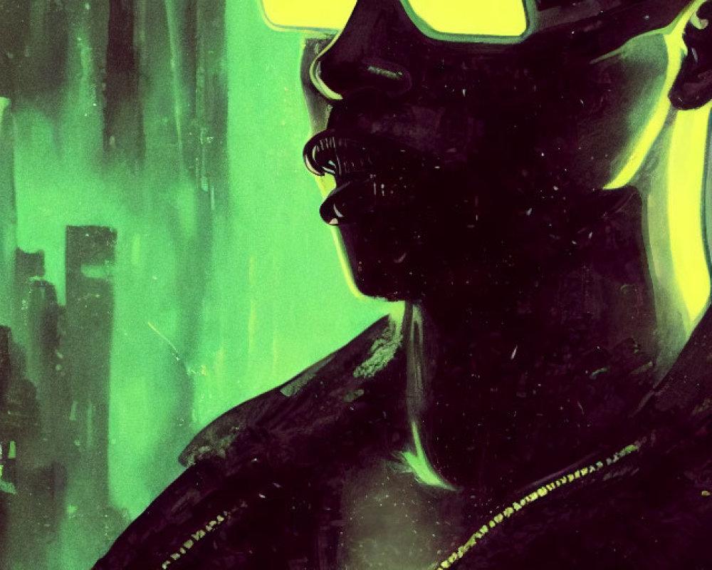 Person in Sunglasses in Neon Green-lit Cyberpunk Scene