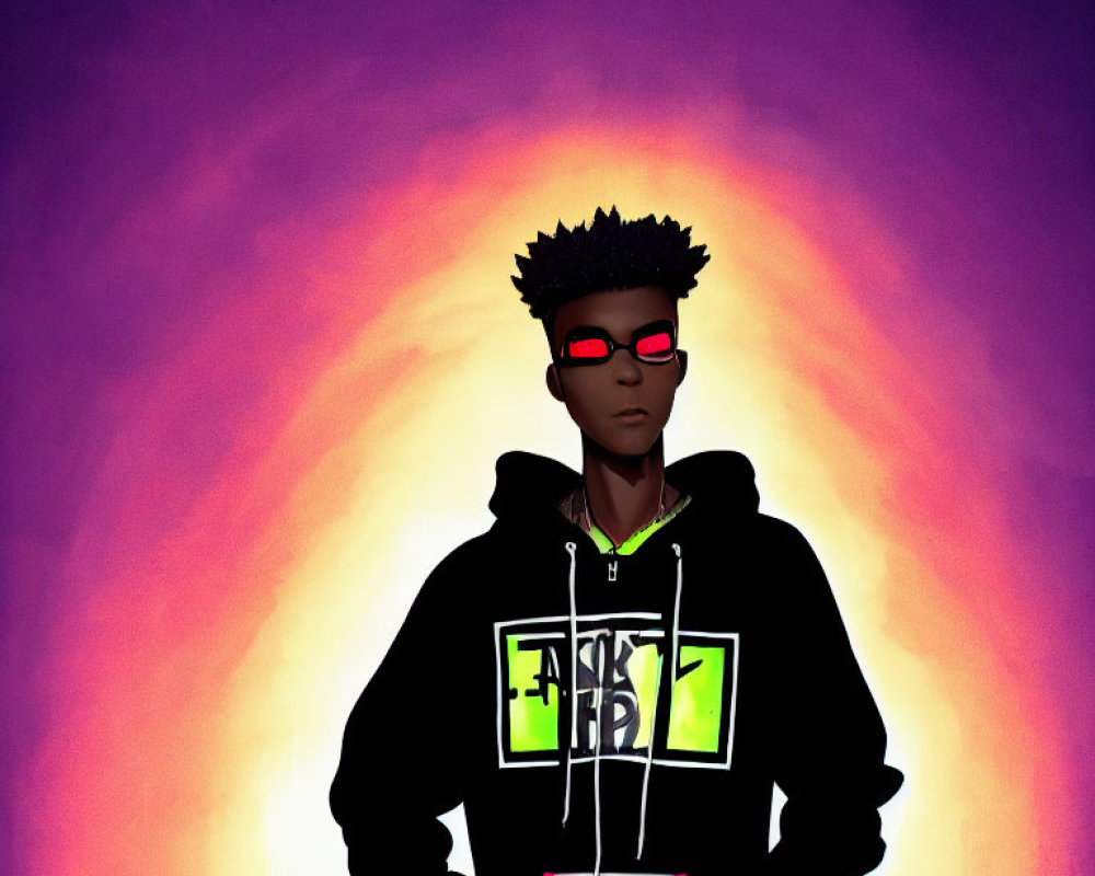 Person with Spikey Hair in Red Glasses & Black Hoodie on Purple Sunset Background