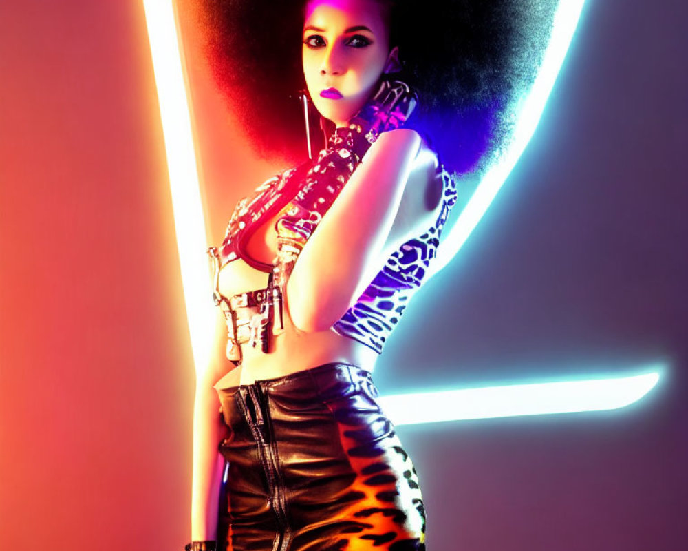 Vibrant neon-lit portrait of a woman with voluminous afro and bold outfit