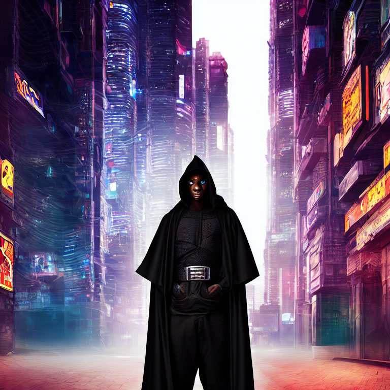 Mysterious figure in dark cloak and mask in neon-lit cityscape