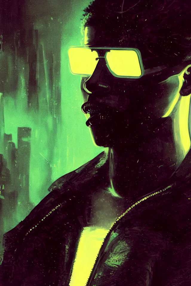 Person in Sunglasses in Neon Green-lit Cyberpunk Scene