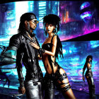Futuristic cyberpunk characters in black outfits against neon-lit cityscape