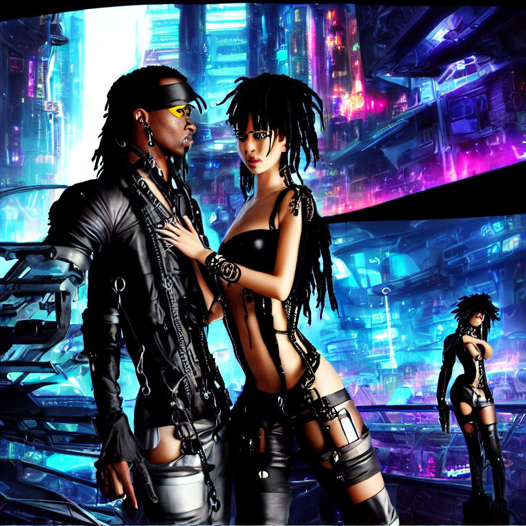 Futuristic cyberpunk characters in black outfits against neon-lit cityscape