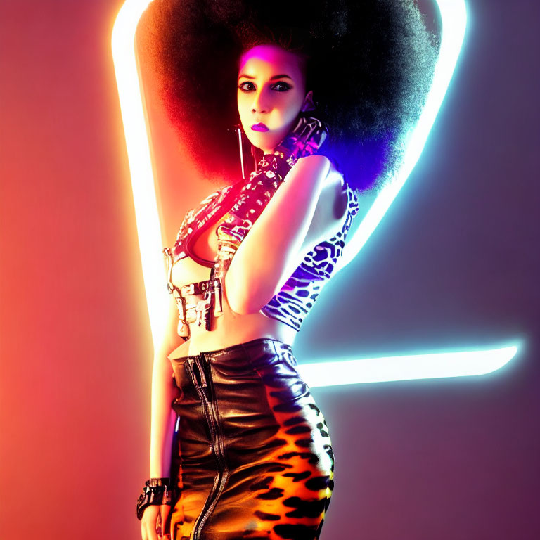 Vibrant neon-lit portrait of a woman with voluminous afro and bold outfit