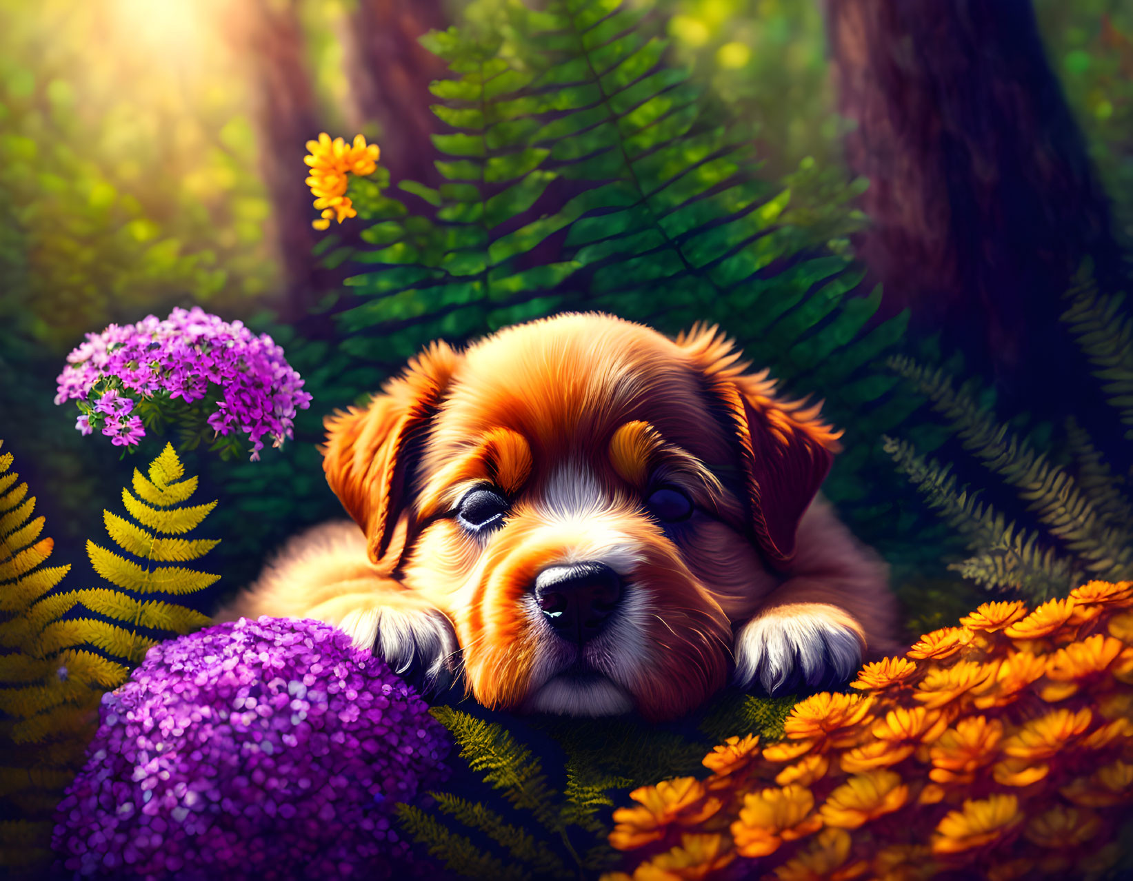 Puppy among flowers.