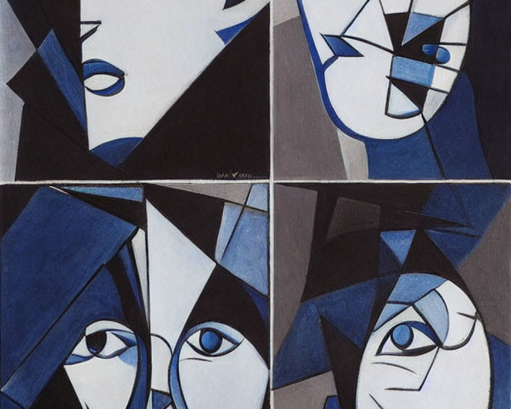 Geometric Cubist-style painting of fragmented faces with focus on eyes and noses