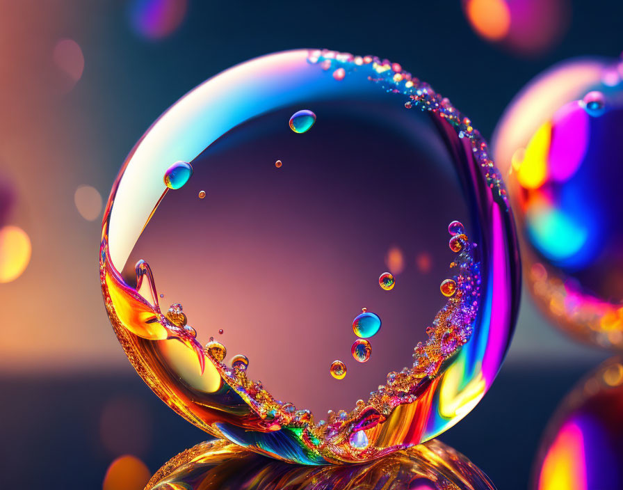 Colorful iridescent bubble with smaller bubbles and droplets on bokeh background