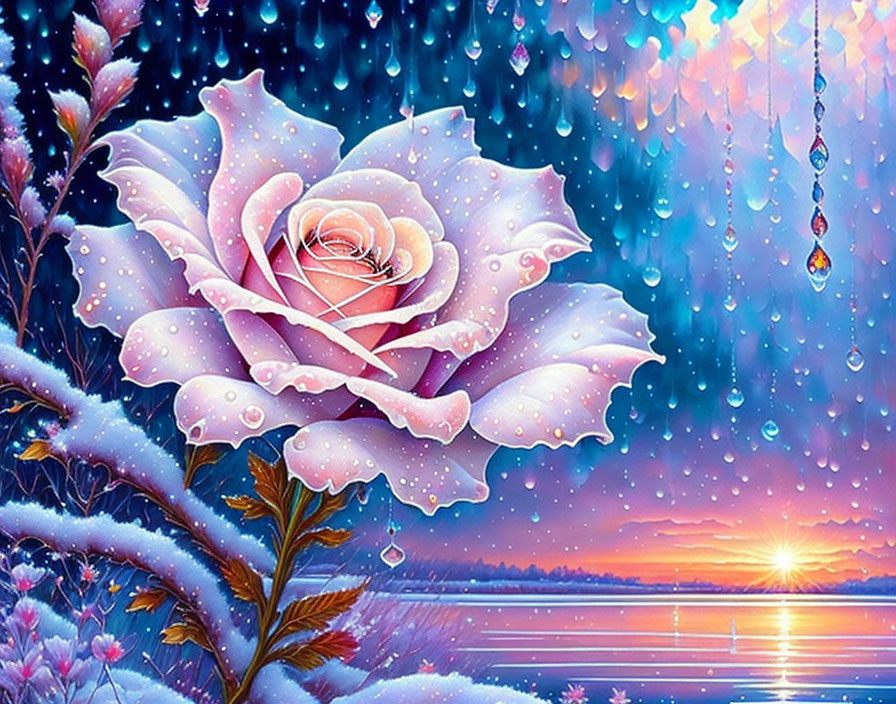 Stylized dew-kissed pink rose on snowy landscape with sunset sky