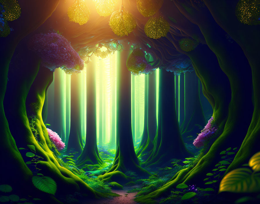 Enchanted forest with glowing lantern-like fruits and green light.